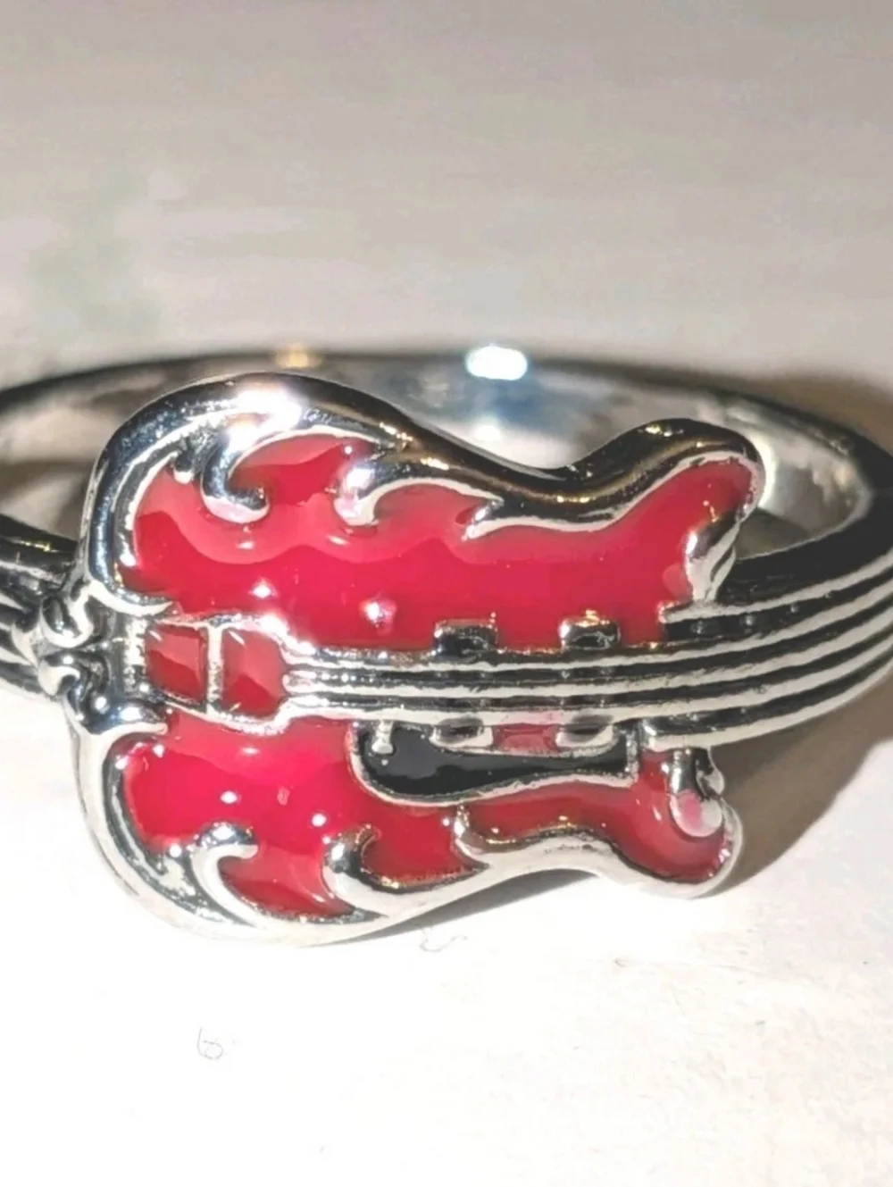 Elvis Inspired Silver Plated Guitar Red Enamel   Unisex Intricate Detailed Ring